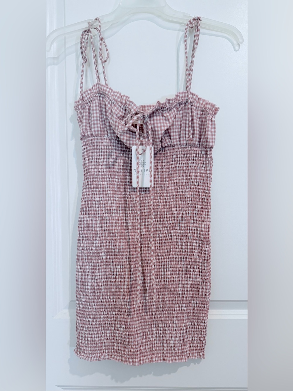 Native Daughter Smocked Rose Pink Gingham Tie-Shoulder Mini Dress